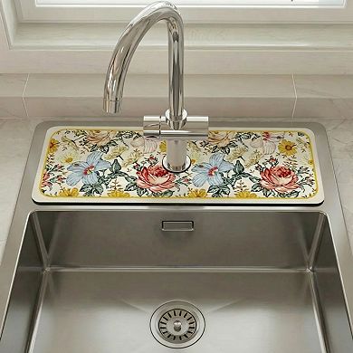 Floral Kitchen Sink Faucet Splash Guard Mat with Absorbent Surface 2 Pack Set