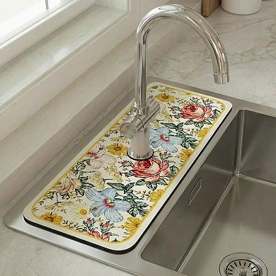 Floral Kitchen Sink Faucet Splash Guard Mat with Absorbent Surface 2 Pack Set