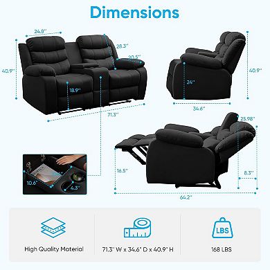 Adjustable Double Family Recliner Sofa with Storage Cabinet, Cup Holders, and Adjustable Backrest