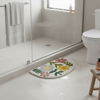 Floral Botanical Half Moon Bathroom Floor Mat Soft Absorbent with Non Slip Backing