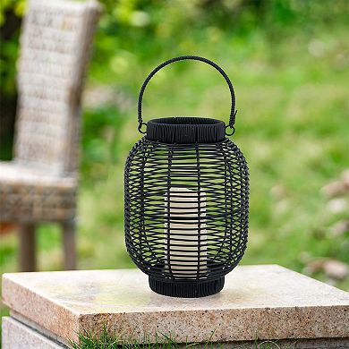 8.7x8.7x11.8" Black Poly Rattan Lantern with White LED Candle