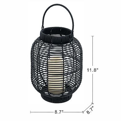 8.7x8.7x11.8" Black Poly Rattan Lantern with White LED Candle