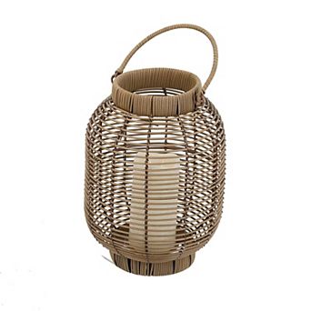 8.7x8.7x11.8" Black Poly Rattan Lantern with White LED Candle