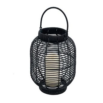 8.7x8.7x11.8" Black Poly Rattan Lantern with White LED Candle