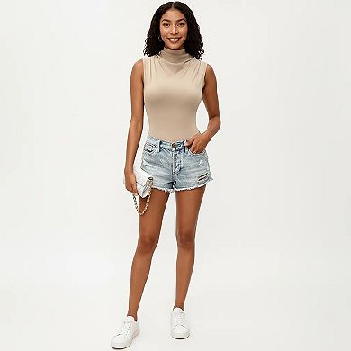 Sleeveless Ribbed Knit Bodysuit with Mock Neck Fitted Silhouette