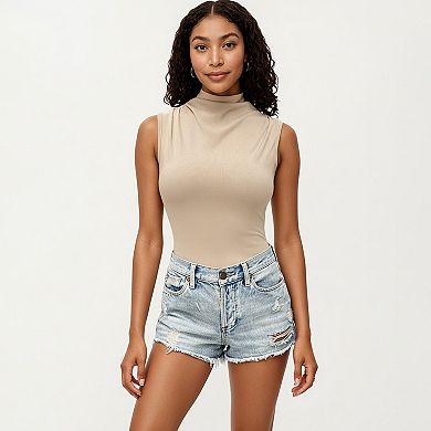 Sleeveless Ribbed Knit Bodysuit with Mock Neck Fitted Silhouette
