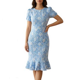 Women's Lace Bodycon Midi Dress Puff Short Sleeve Round Neck Floral Ruffled Mermaid Hem