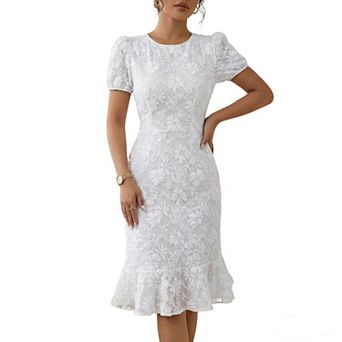 Women's Lace Bodycon Midi Dress Puff Short Sleeve Round Neck Floral Ruffled Mermaid Hem