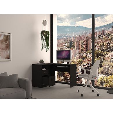 Idra L-Shaped Desk, Keyboard Tray, Two Drawers, One Open Shelf