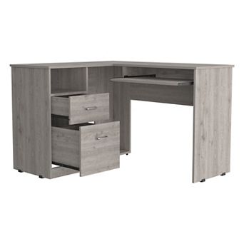 Idra L-Shaped Desk, Keyboard Tray, Two Drawers, One Open Shelf