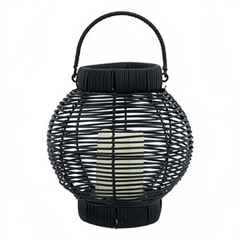 8.7x8.7x9.8" Black Poly Rattan Lantern With White LED Candle