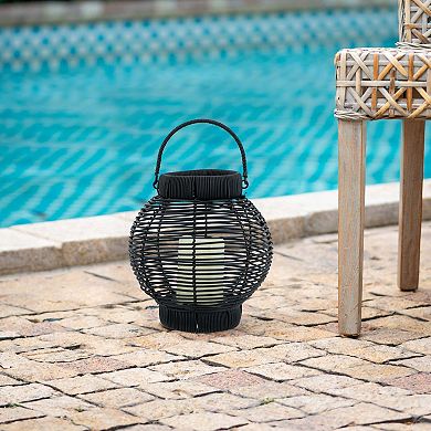 8.7x8.7x9.8" Black Poly Rattan Lantern With White LED Candle