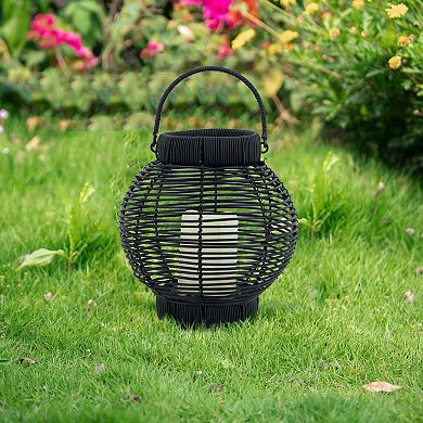 8.7x8.7x9.8" Black Poly Rattan Lantern With White LED Candle