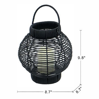 8.7x8.7x9.8" Black Poly Rattan Lantern With White LED Candle