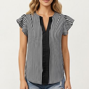 Vertical Stripe Flutter Sleeve Blouse with Split Neck Contrast Panel