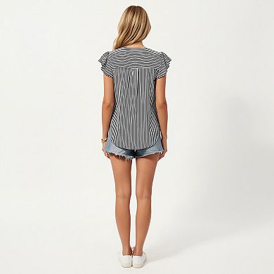 Vertical Stripe Flutter Sleeve Blouse with Split Neck Contrast Panel