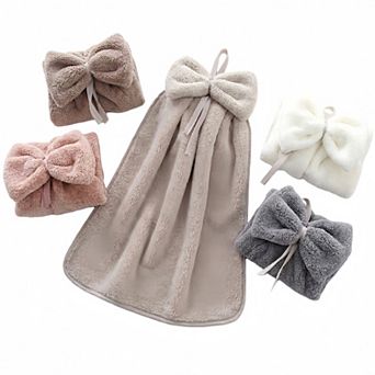 5 pc Bow Hanging Microfiber Hand Towels Set Soft Plush Absorbent Design with Loop