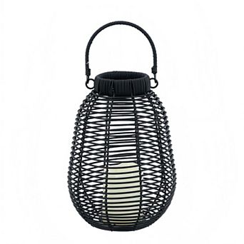 7.9x7.9x10.6" Black Poly Rattan Lantern With White LED Candle