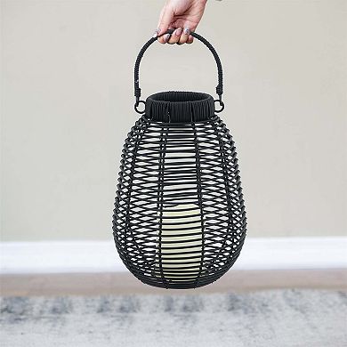 7.9x7.9x10.6" Black Poly Rattan Lantern With White LED Candle
