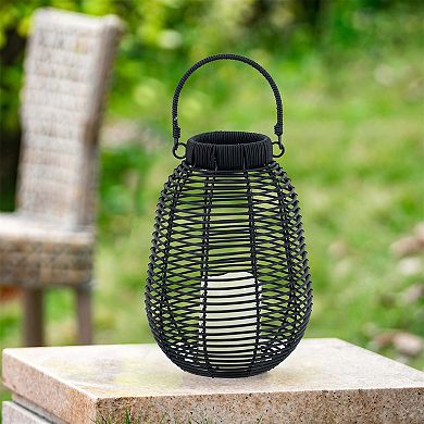7.9x7.9x10.6" Black Poly Rattan Lantern With White LED Candle