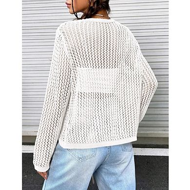 Women Crochet Knit Cardigan Long Sleeve Sheer Tie-Front Open Blouse