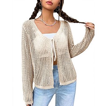 Women Crochet Knit Cardigan Long Sleeve Sheer Tie-Front Open Blouse