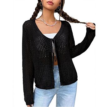 Women Crochet Knit Cardigan Long Sleeve Sheer Tie-Front Open Blouse