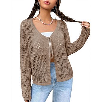 Women Crochet Knit Cardigan Long Sleeve Sheer Tie-Front Open Blouse