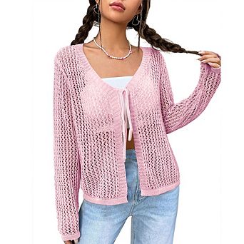Women Crochet Knit Cardigan Long Sleeve Sheer Tie-Front Open Blouse
