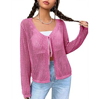 Women Crochet Knit Cardigan Long Sleeve Sheer Tie-Front Open Blouse