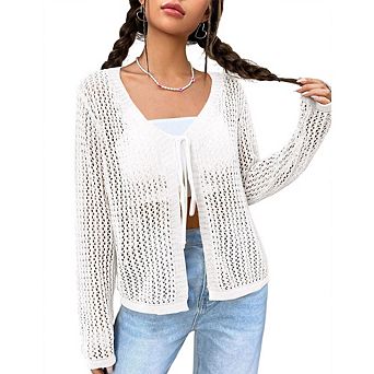 Women Crochet Knit Cardigan Long Sleeve Sheer Tie-Front Open Blouse