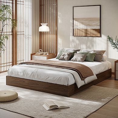 Modern Minimalist Wood Platform Bed without Headboard, Floor-Standing Bed Frame, Easy Assembly