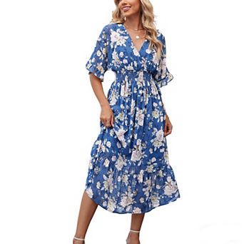 Women's Floral Tiered Midi Dress Wrap V Neck Ruffled Half Sleeve Smocked Casual Summer Dress