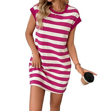 Women's Mini Length T Shirt Dress Crew Neck Sleeveless Design Striped Side Pockets