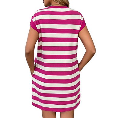 Women's Mini Length T Shirt Dress Crew Neck Sleeveless Design Striped Side Pockets
