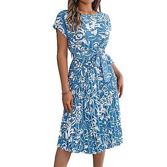 Women's Round Neck Short Sleeve Midi Dress Tie Waist Pleated Floral Print Casual Dress