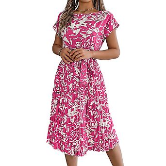 Women's Round Neck Short Sleeve Midi Dress Tie Waist Pleated Floral Print Casual Dress