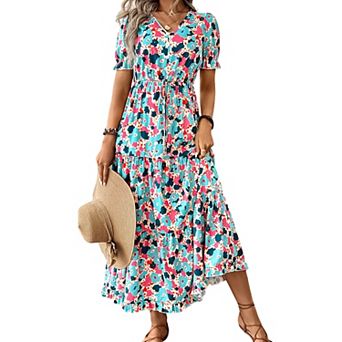 Women's Short Sleeve Floral Print Dress Summer Ruffle Hem Maxi Flowy Swing Dresses