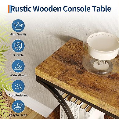 Industrial Console Table with Oval Metal Frame and Open Shelves for Entryway or Living Room