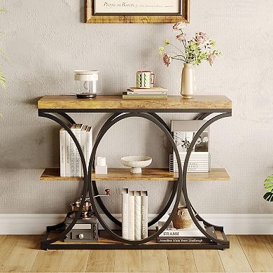 Industrial Console Table with Oval Metal Frame and Open Shelves for Entryway or Living Room
