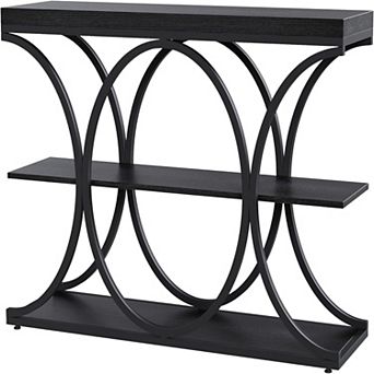 Industrial Console Table with Oval Metal Frame and Open Shelves for Entryway or Living Room