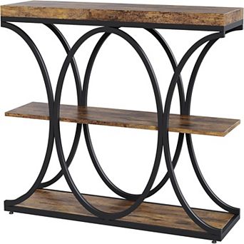 Industrial Console Table with Oval Metal Frame and Open Shelves for Entryway or Living Room