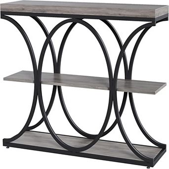 Industrial Console Table with Oval Metal Frame and Open Shelves for Entryway or Living Room