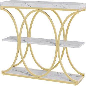 Industrial Console Table with Oval Metal Frame and Open Shelves for Entryway or Living Room