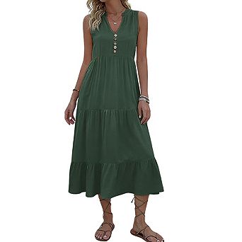Women's Midi Sundress V Neck Sleeveless Tiered Ruffle Button Relaxed Fit Casual Dress
