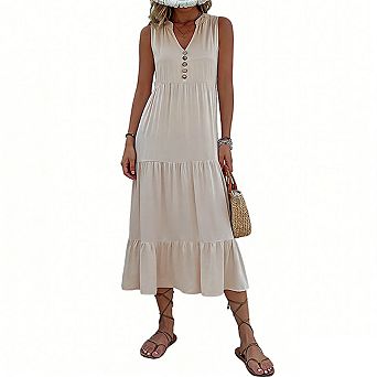 Women's Midi Sundress V Neck Sleeveless Tiered Ruffle Button Relaxed Fit Casual Dress