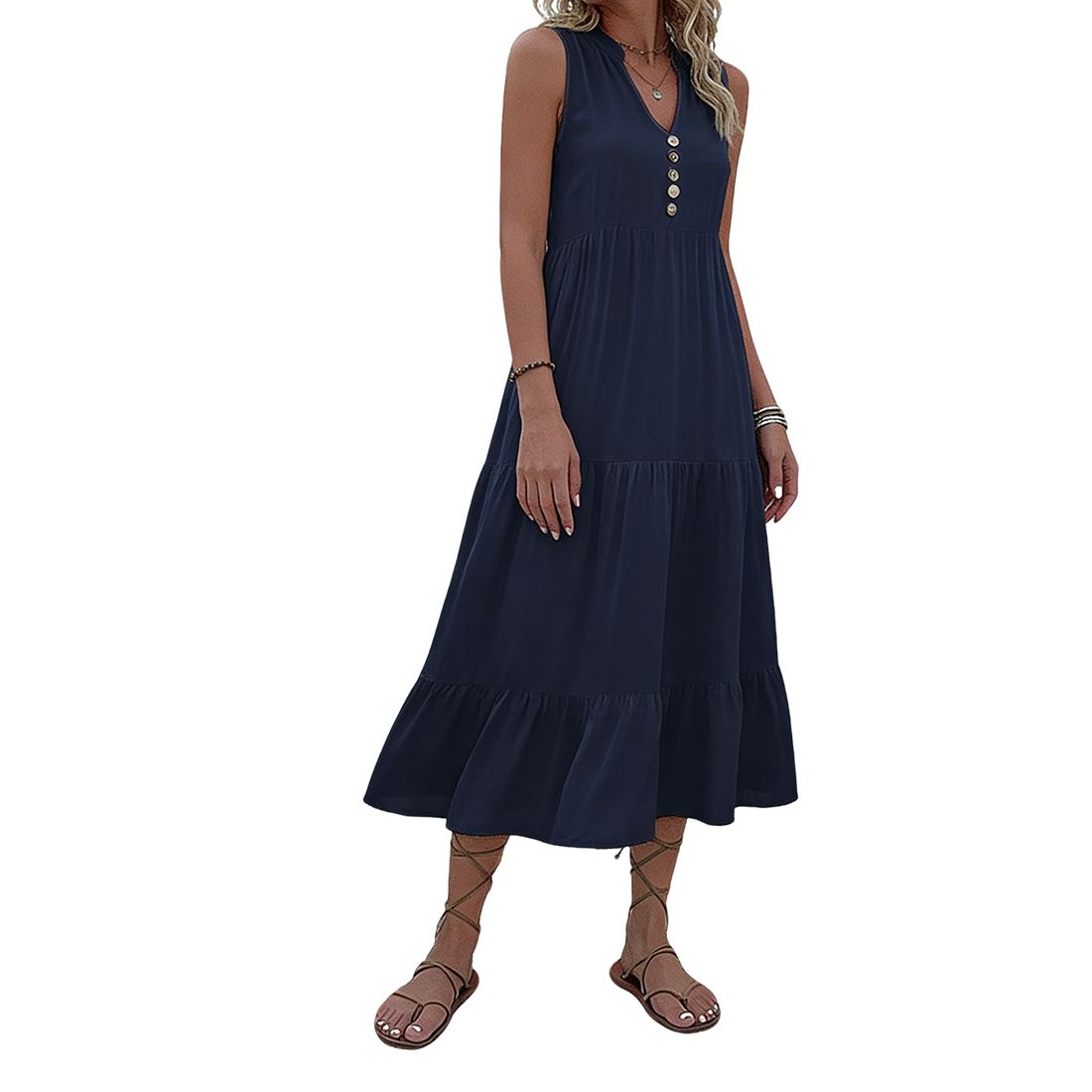 Женские платья Midi Sundress V Neck Sleeveless Tiered Ruffle Button Relaxed Fit Casual Dress