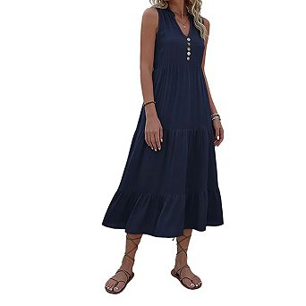 Women's Midi Sundress V Neck Sleeveless Tiered Ruffle Button Relaxed Fit Casual Dress