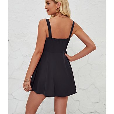 Women Mini Dress Ruched Bust Sleeveless Fit Dress