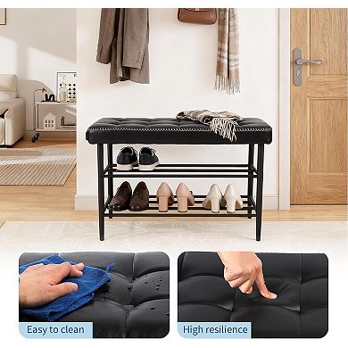 Mid-Century Shoe Rack Bench, 3-Tier Storage with Cushion for Hallway Living Room